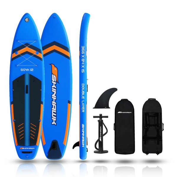 SKINHAWK SOVA12 SUP Board Set BLAU-blue Aufblasbares Stand Up Paddle Board 366 x 84 x 15cm